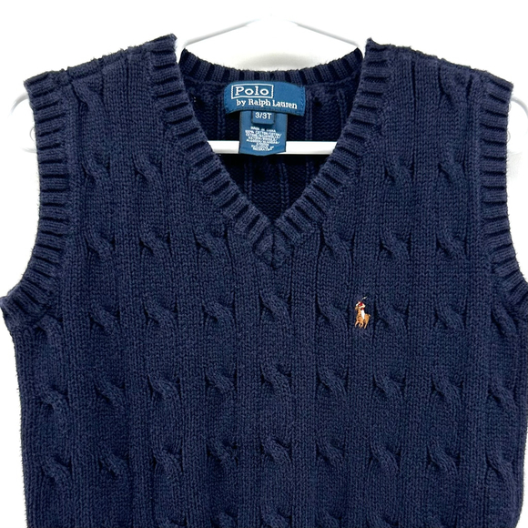 POLO by RALPH LAUREN Toddler Sweater Vest DARK BLUE Cable-Knit PREPPY BOYS 3T - Picture 2 of 5